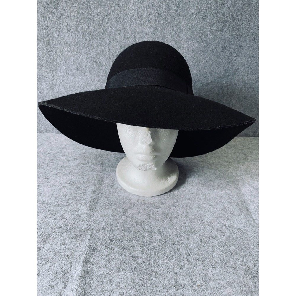 Lauren Ralph Lauren Black 100% Wool Wide Brim Floppy Hat Grosgrain Ribbon Hat